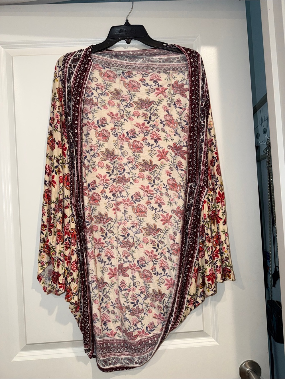 Charlotte Russe Floral Open-Front Cardigan in Cream and Burgundy